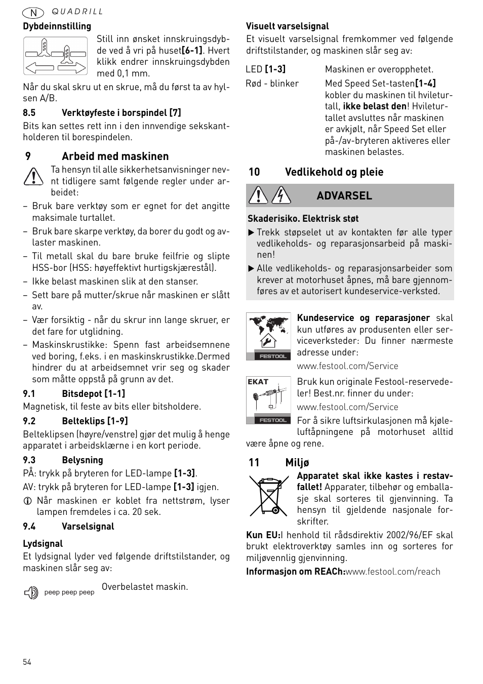 9arbeid med maskinen, 10 vedlikehold og pleie, 11 miljø | Advarsel | Festool PD 20 User Manual | Page 54 / 75