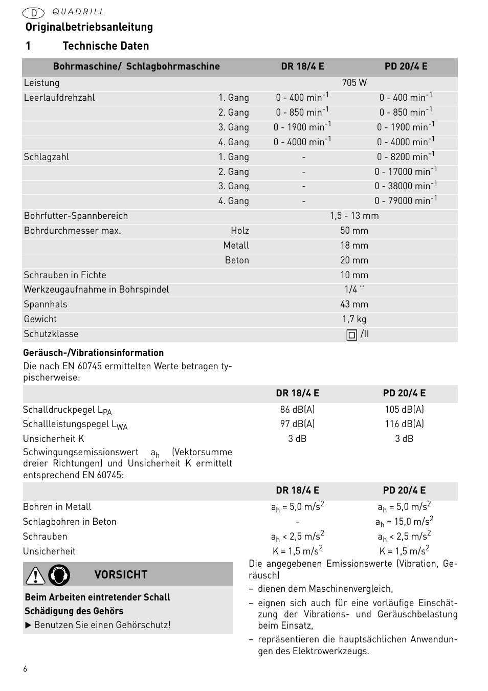 Originalbetriebsanleitung 1 technische daten, Vorsicht | Festool PD 20 User Manual | Page 6 / 75