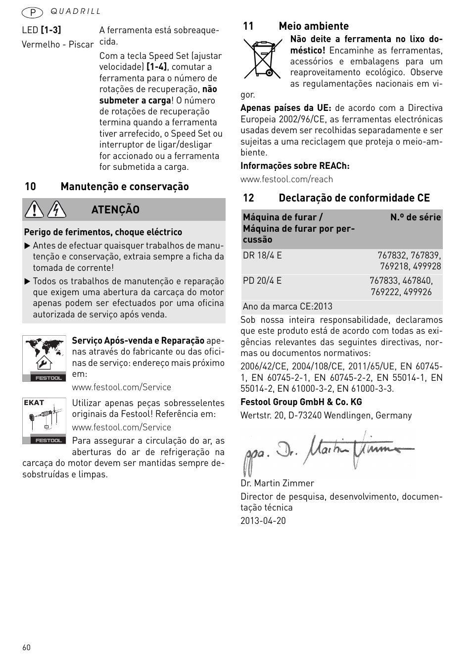 10 manutenção e conservação, 11 meio ambiente, 12 declaração de conformidade ce | Atenção | Festool PD 20 User Manual | Page 60 / 75