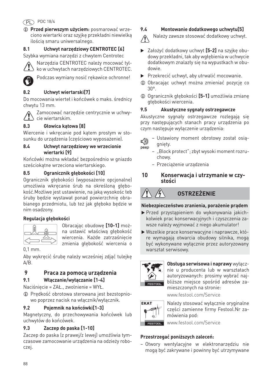 9praca za pomocą urządzenia, 10 konserwacja i utrzymanie w czy- stości, Ostrzeżenie | Festool PDC 18 User Manual | Page 88 / 89