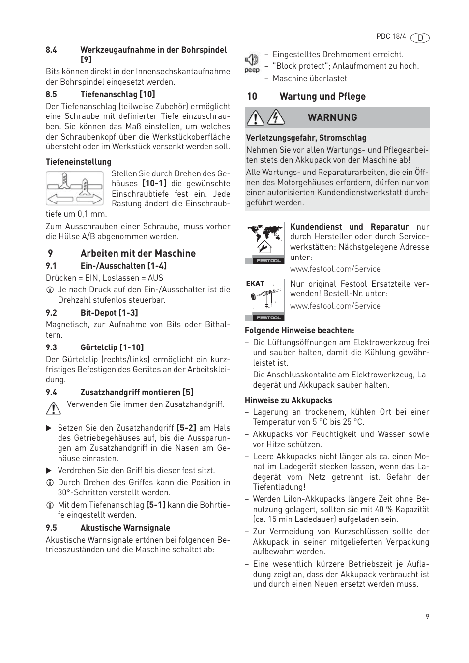 9arbeiten mit der maschine, 10 wartung und pflege, Warnung | Festool PDC 18 User Manual | Page 9 / 89