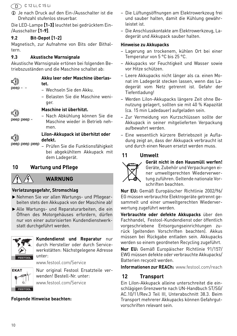 10 wartung und pflege, 11 umwelt, 12 transport | Warnung | Festool C 15 Li User Manual | Page 10 / 83