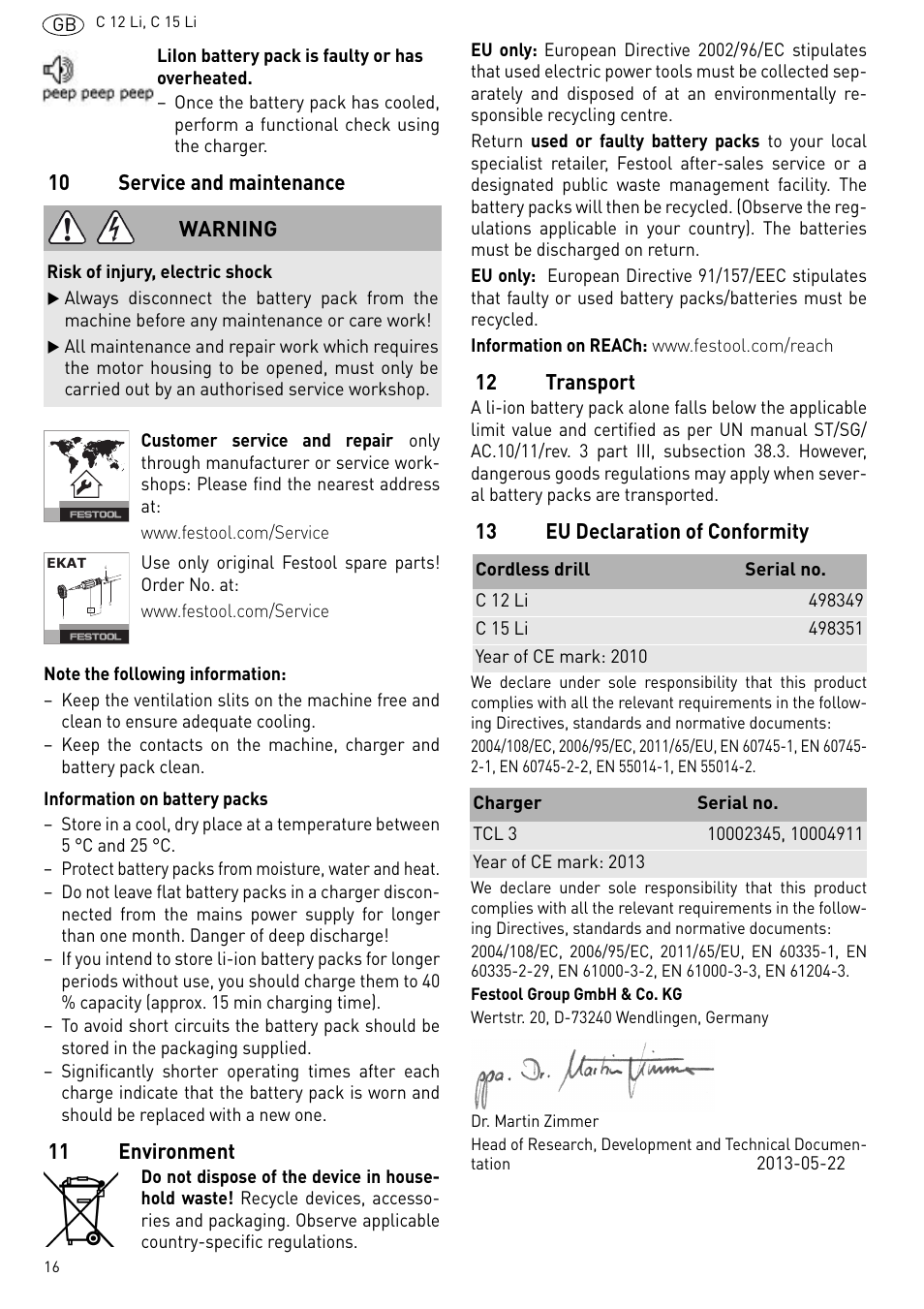 10 service and maintenance, 11 environment, 12 transport | 13 eu declaration of conformity, Warning | Festool C 15 Li User Manual | Page 16 / 83