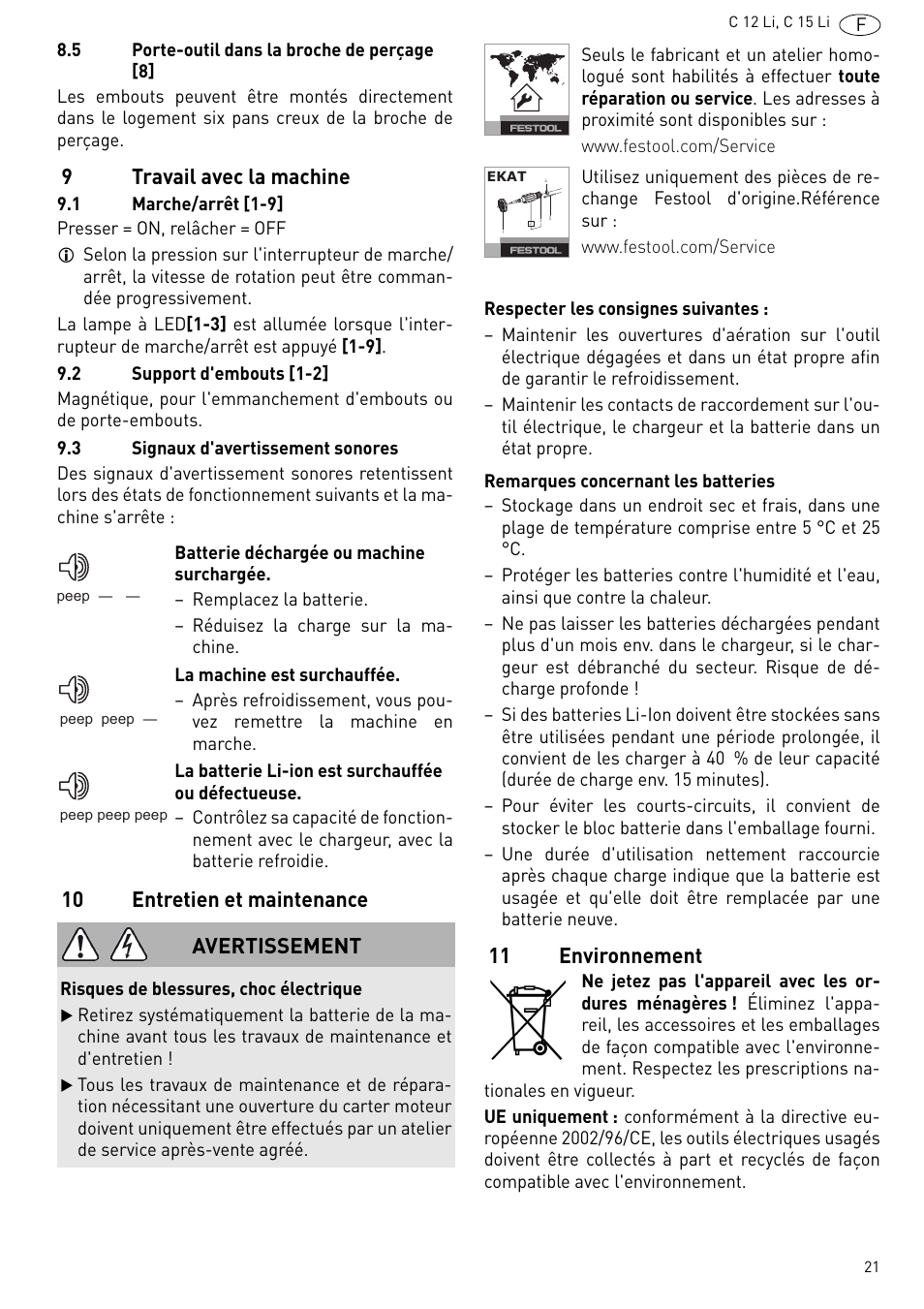 9travail avec la machine, 10 entretien et maintenance, 11 environnement | Avertissement | Festool C 15 Li User Manual | Page 21 / 83