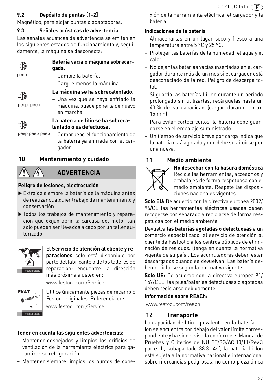 10 mantenimiento y cuidado, 11 medio ambiente, 12 transporte | Advertencia | Festool C 15 Li User Manual | Page 27 / 83