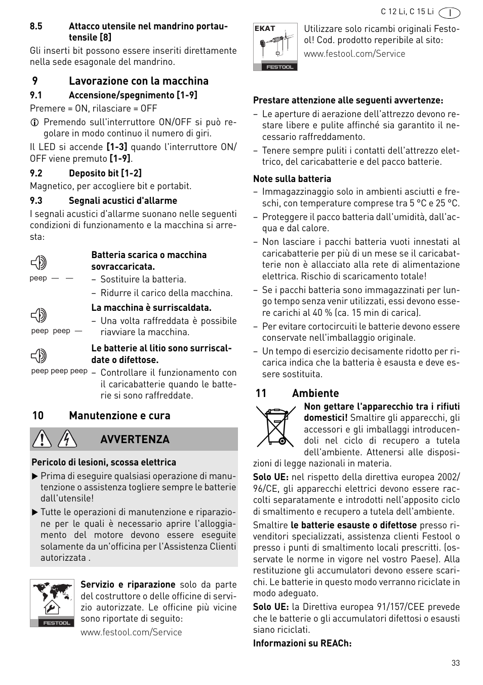 9lavorazione con la macchina, 10 manutenzione e cura, 11 ambiente | Avvertenza | Festool C 15 Li User Manual | Page 33 / 83