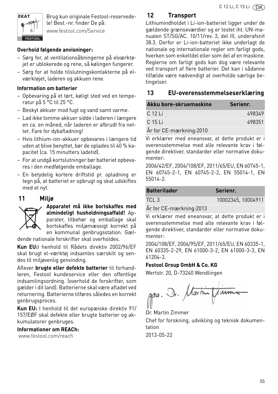 11 miljø, 12 transport, 13 eu-overensstemmelseserklæring | Festool C 15 Li User Manual | Page 55 / 83