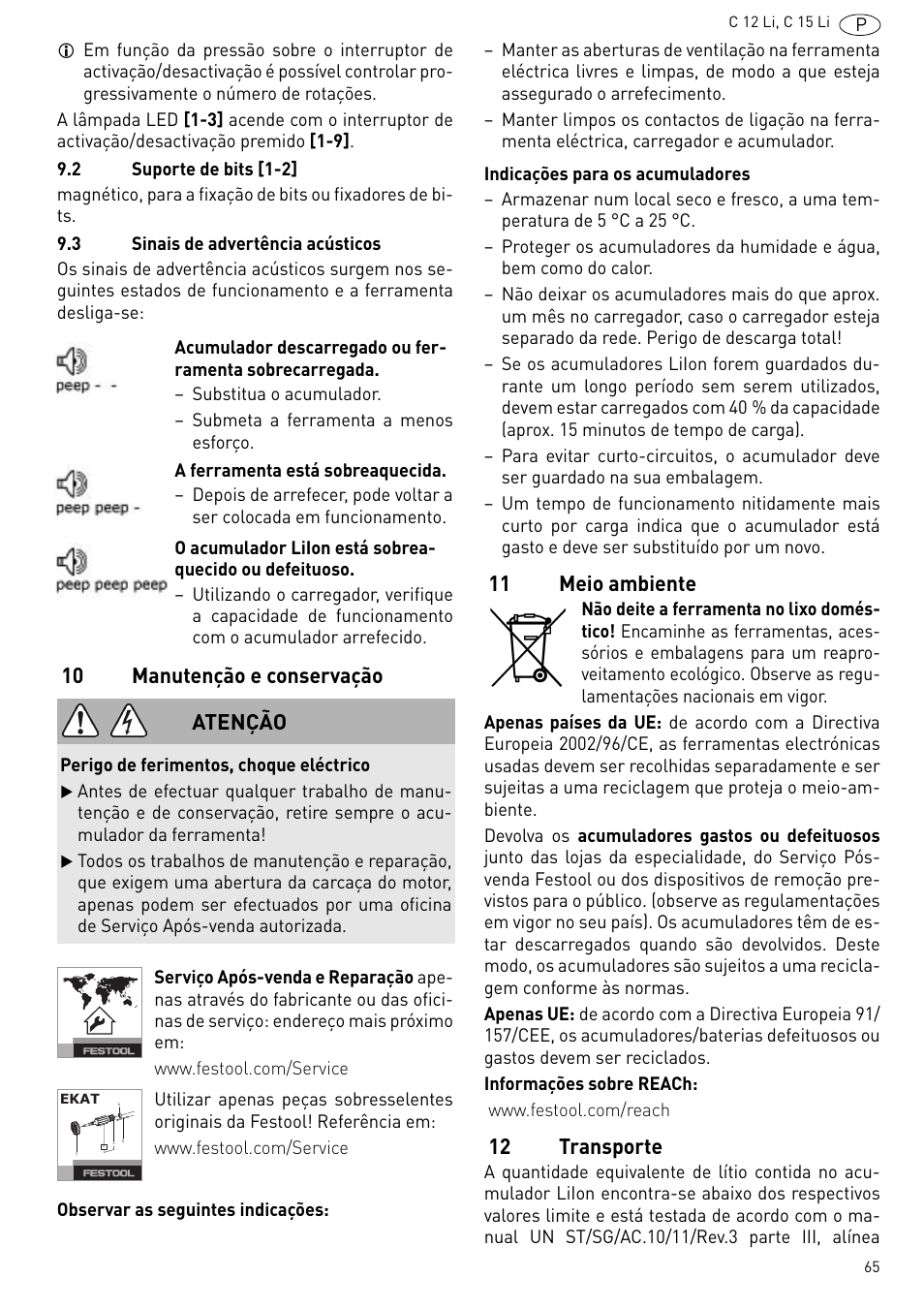 10 manutenção e conservação, 11 meio ambiente, 12 transporte | Atenção | Festool C 15 Li User Manual | Page 65 / 83