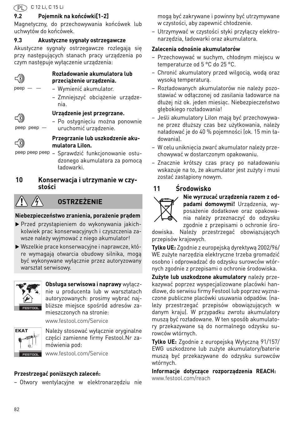 10 konserwacja i utrzymanie w czy- stości, 11 środowisko, Ostrzeżenie | Festool C 15 Li User Manual | Page 82 / 83