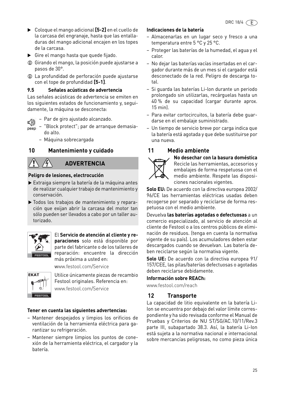 10 mantenimiento y cuidado, 11 medio ambiente, 12 transporte | Advertencia | Festool DRC 18-4 User Manual | Page 25 / 81