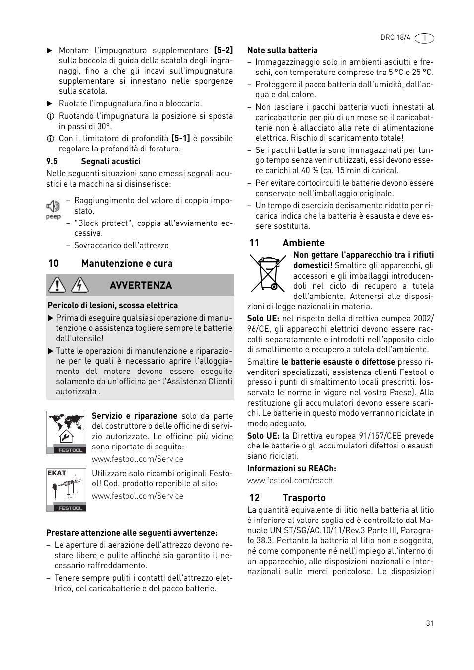 10 manutenzione e cura, 11 ambiente, 12 trasporto | Avvertenza | Festool DRC 18-4 User Manual | Page 31 / 81