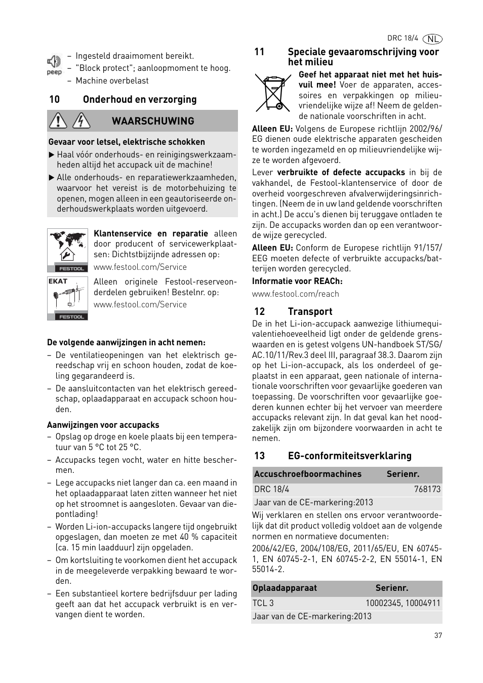 10 onderhoud en verzorging, 11 speciale gevaaromschrijving voor het milieu, 12 transport | 13 eg-conformiteitsverklaring, Waarschuwing | Festool DRC 18-4 User Manual | Page 37 / 81
