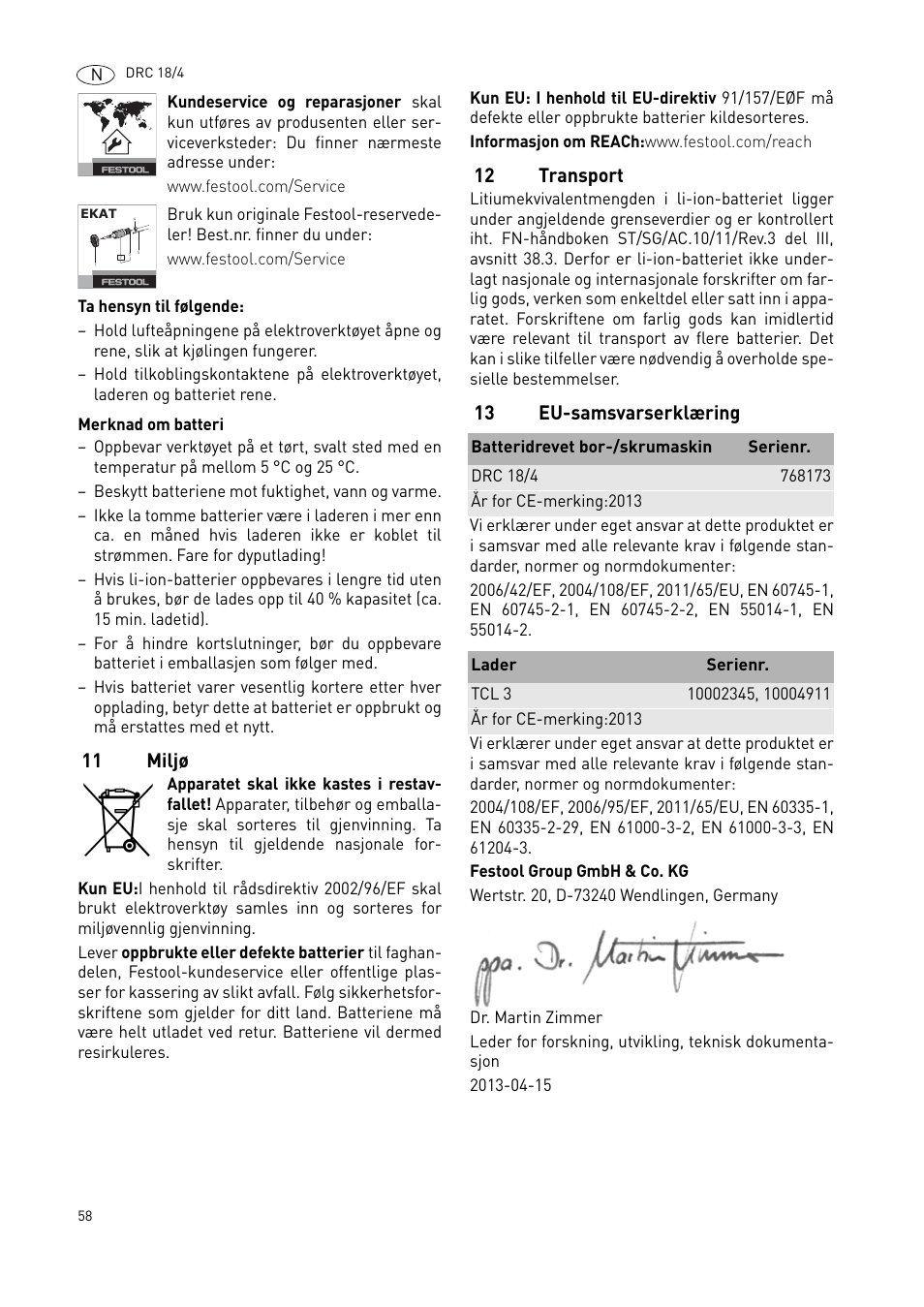 11 miljø, 12 transport, 13 eu-samsvarserklæring | Festool DRC 18-4 User Manual | Page 58 / 81