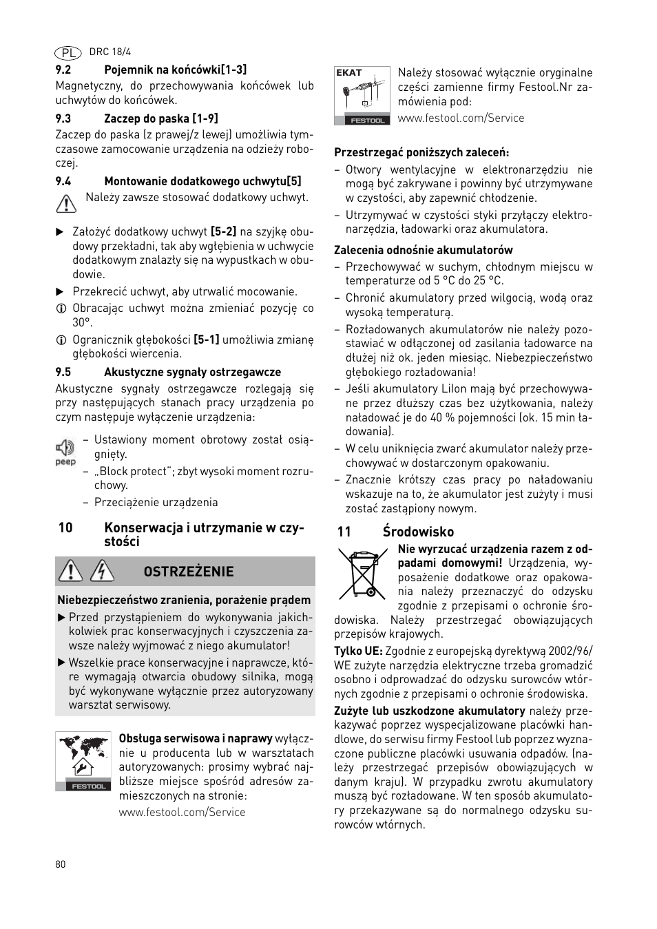 10 konserwacja i utrzymanie w czy- stości, 11 środowisko, Ostrzeżenie | Festool DRC 18-4 User Manual | Page 80 / 81