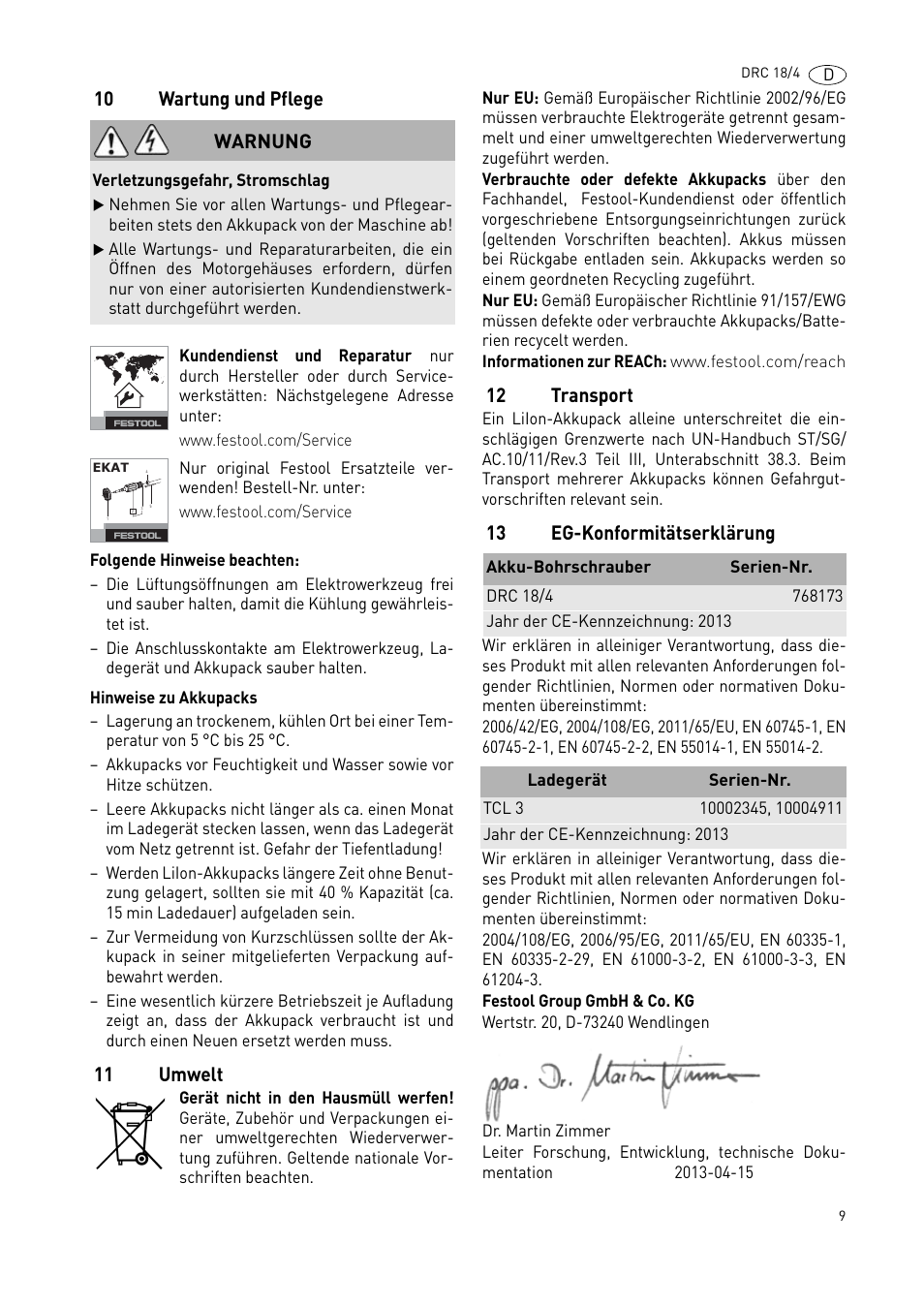 10 wartung und pflege, 11 umwelt, 12 transport | 13 eg-konformitätserklärung, Warnung | Festool DRC 18-4 User Manual | Page 9 / 81