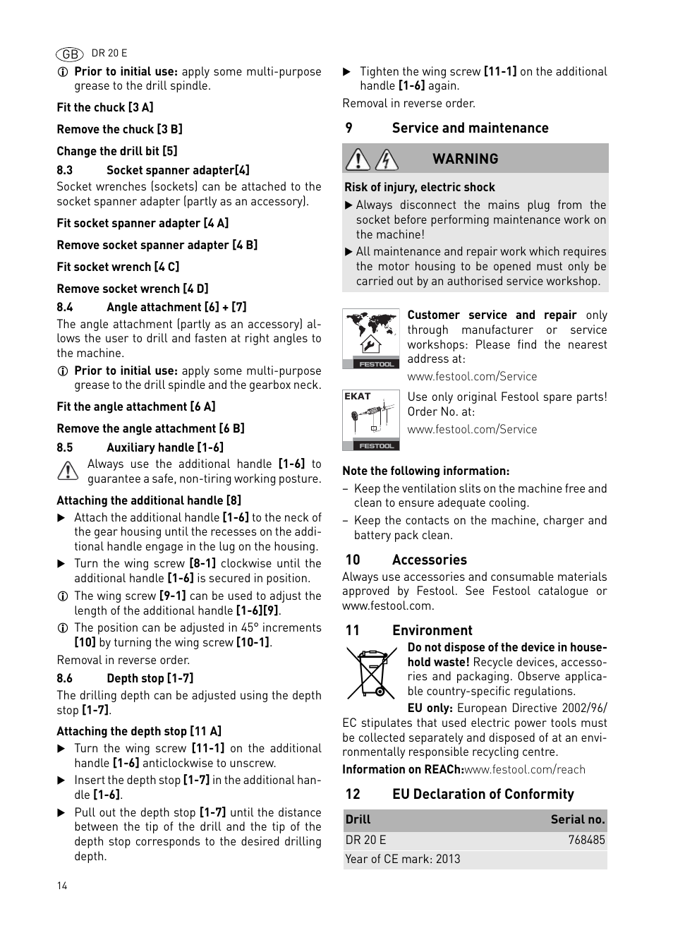 9service and maintenance, 10 accessories, 11 environment | 12 eu declaration of conformity warning | Festool DR 20 User Manual | Page 14 / 62