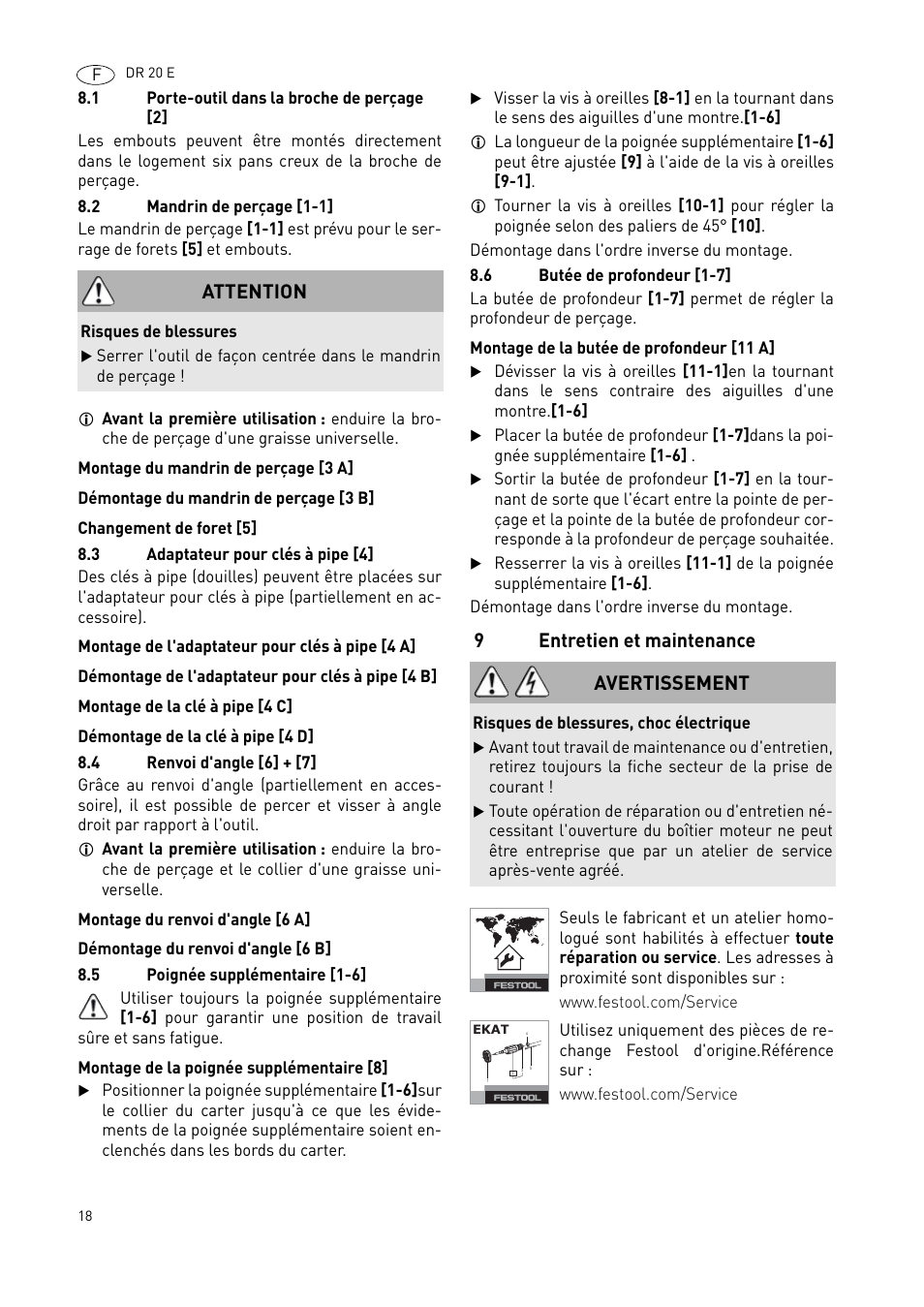 9entretien et maintenance, Attention, Avertissement | Festool DR 20 User Manual | Page 18 / 62