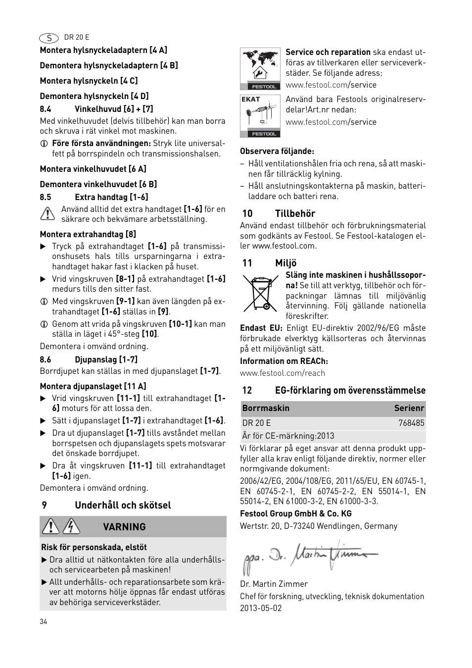 9underhåll och skötsel, 10 tillbehör, 11 miljö | 12 eg-förklaring om överensstämmelse, Varning | Festool DR 20 User Manual | Page 34 / 62