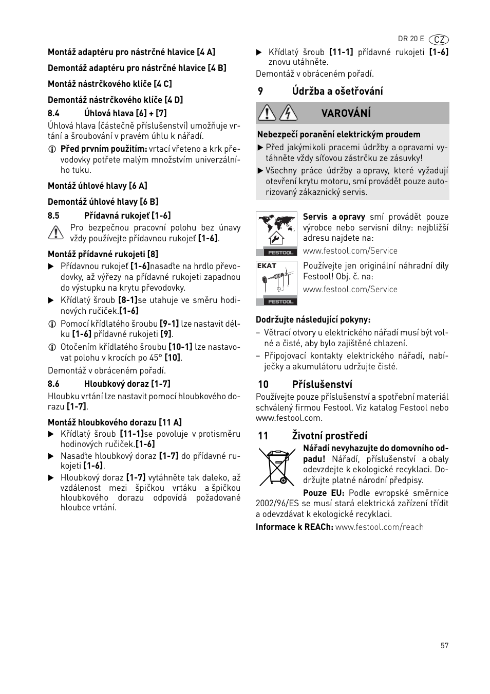 9údržba a ošetřování, 10 příslušenství, 11 životní prostředí | Varování | Festool DR 20 User Manual | Page 57 / 62