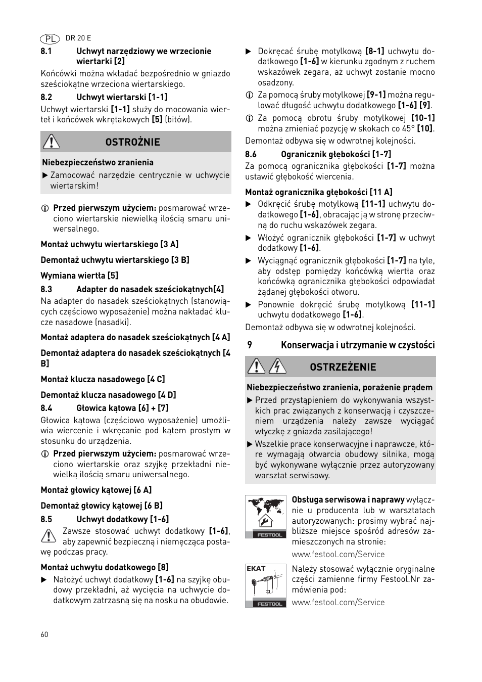 9konserwacja i utrzymanie w czystości, Ostrożnie, Ostrzeżenie | Festool DR 20 User Manual | Page 61 / 62