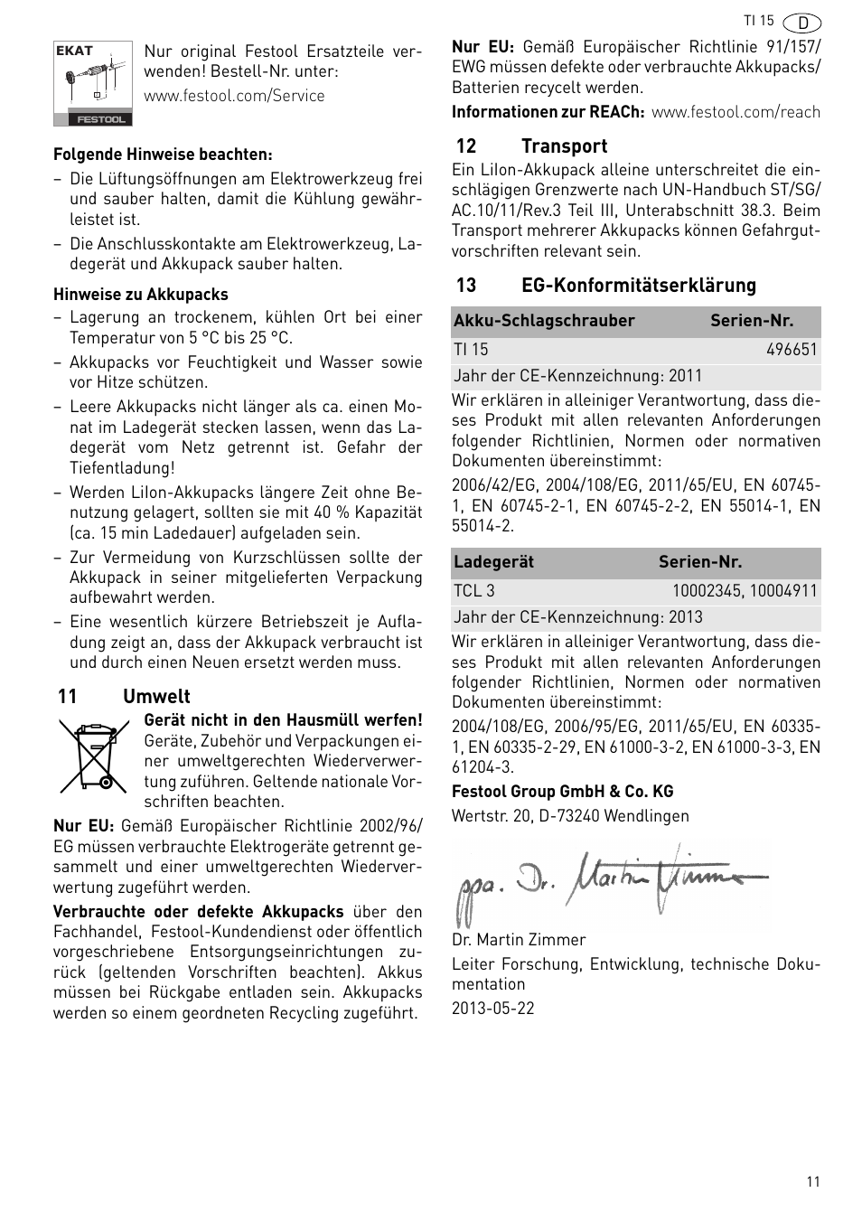 11 umwelt, 12 transport, 13 eg-konformitätserklärung | Festool Ti 15 User Manual | Page 11 / 90