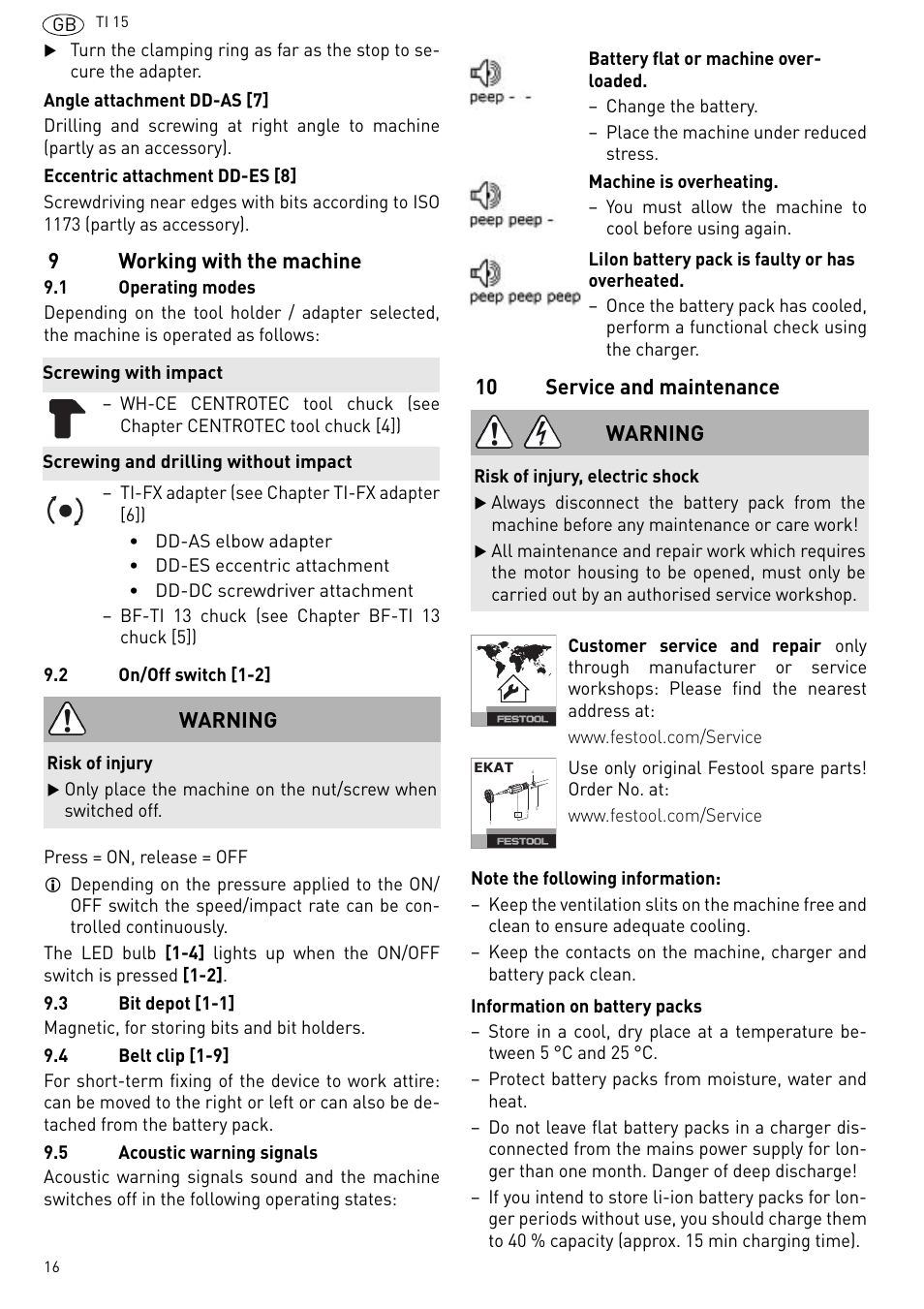 9working with the machine, 10 service and maintenance, Warning | Festool Ti 15 User Manual | Page 16 / 90