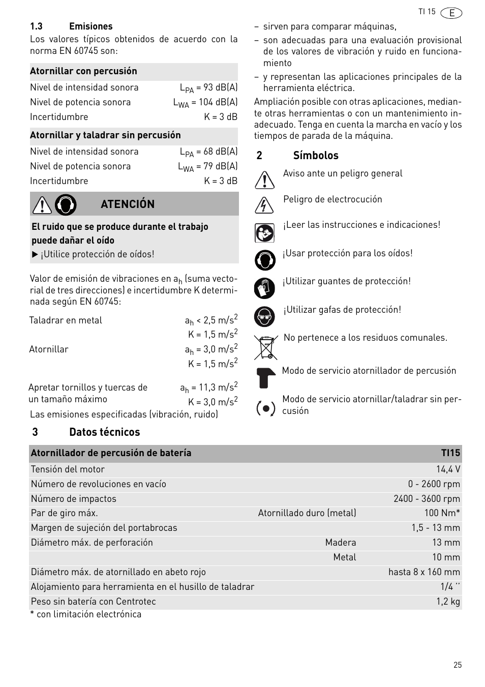 2símbolos 3 datos técnicos, Atención | Festool Ti 15 User Manual | Page 25 / 90