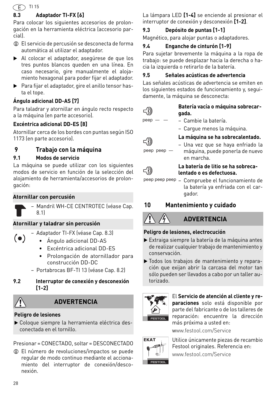 9trabajo con la máquina, 10 mantenimiento y cuidado, Advertencia | Festool Ti 15 User Manual | Page 28 / 90