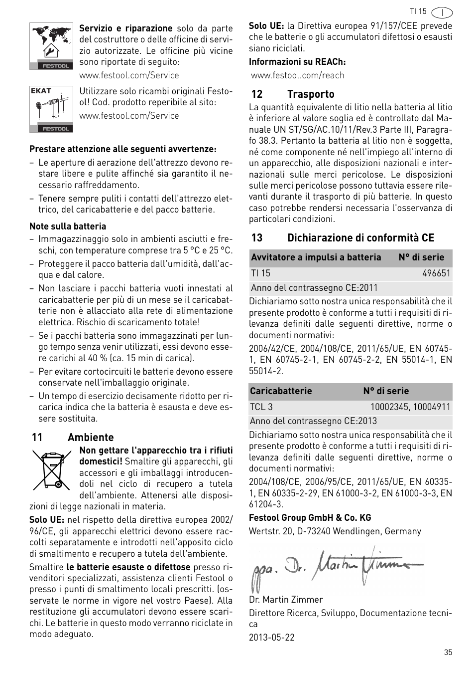 11 ambiente, 12 trasporto, 13 dichiarazione di conformità ce | Festool Ti 15 User Manual | Page 35 / 90