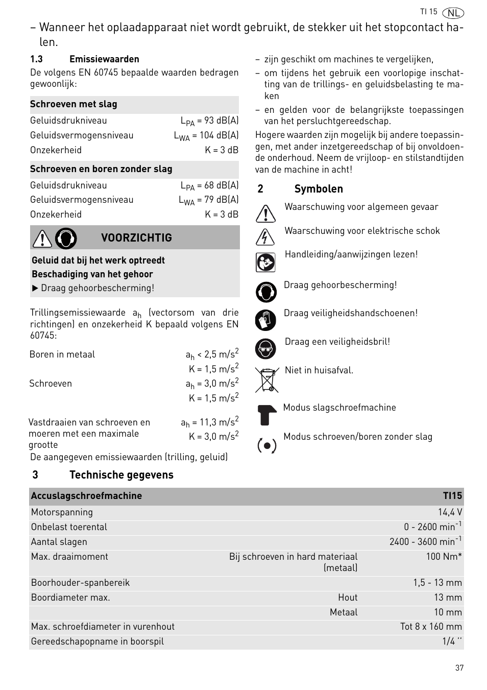 2symbolen 3 technische gegevens, Voorzichtig | Festool Ti 15 User Manual | Page 37 / 90