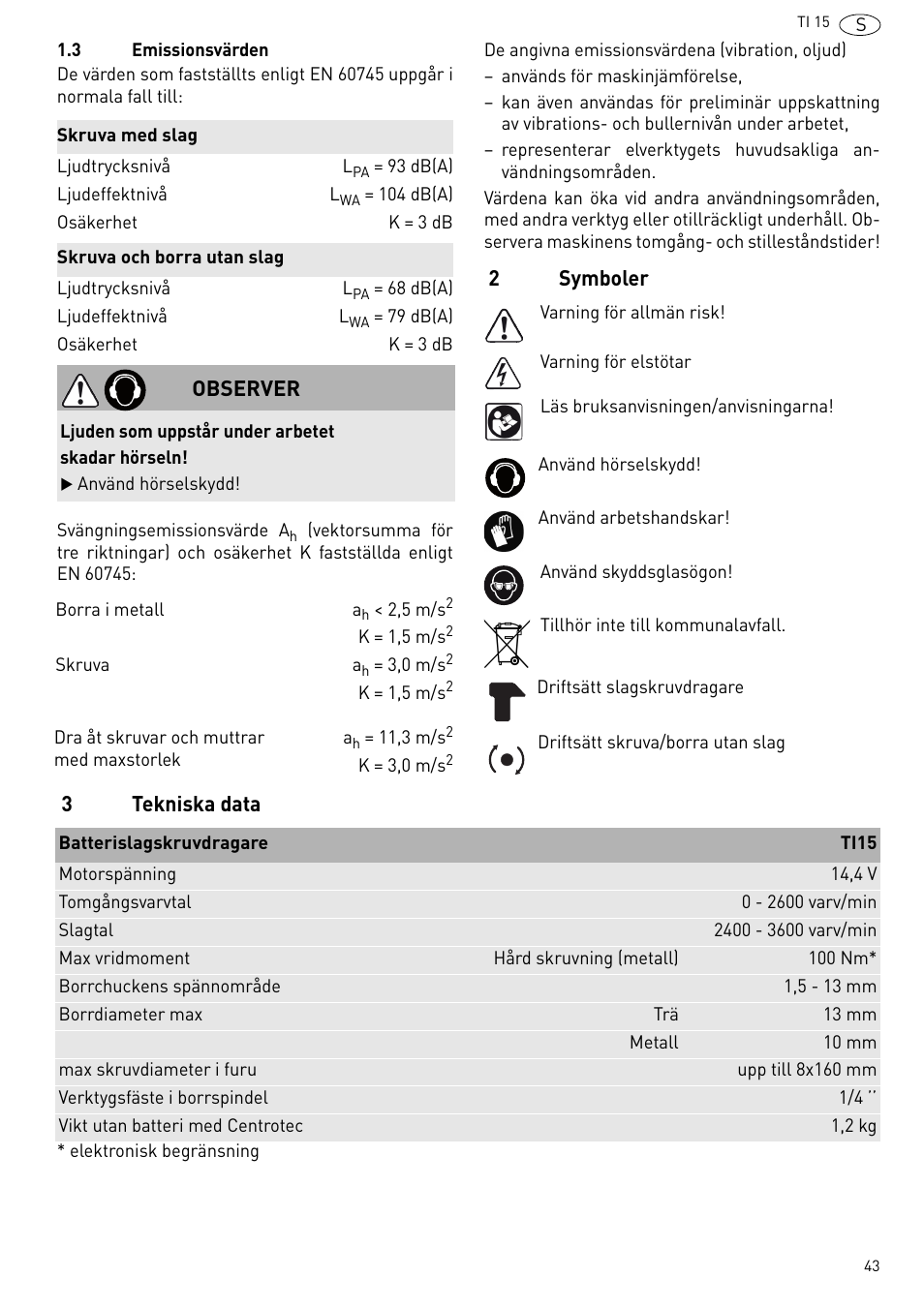 2symboler 3 tekniska data, Observer | Festool Ti 15 User Manual | Page 43 / 90