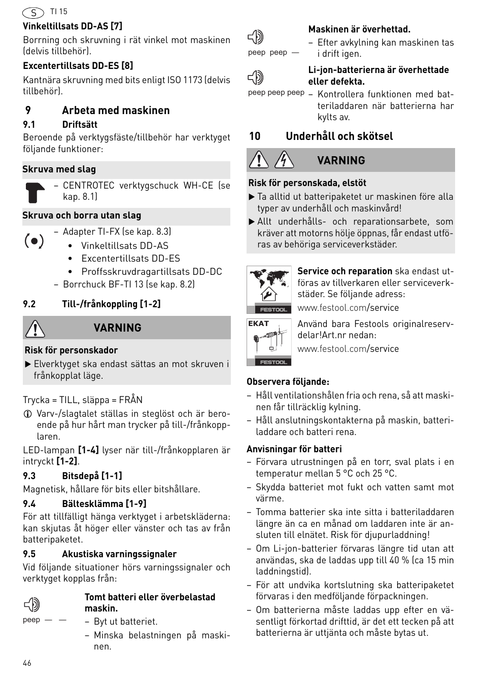 9arbeta med maskinen, 10 underhåll och skötsel, Varning | Festool Ti 15 User Manual | Page 46 / 90