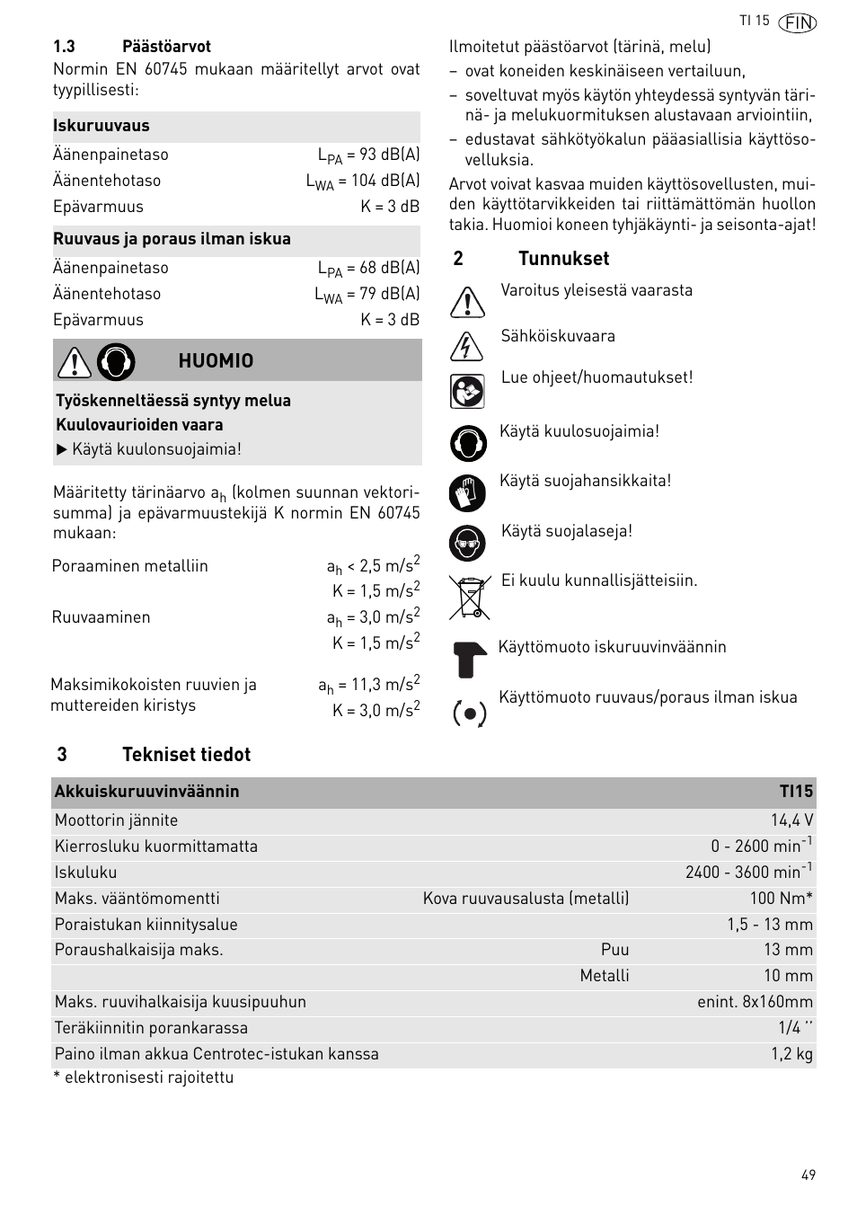 2tunnukset 3 tekniset tiedot, Huomio | Festool Ti 15 User Manual | Page 49 / 90