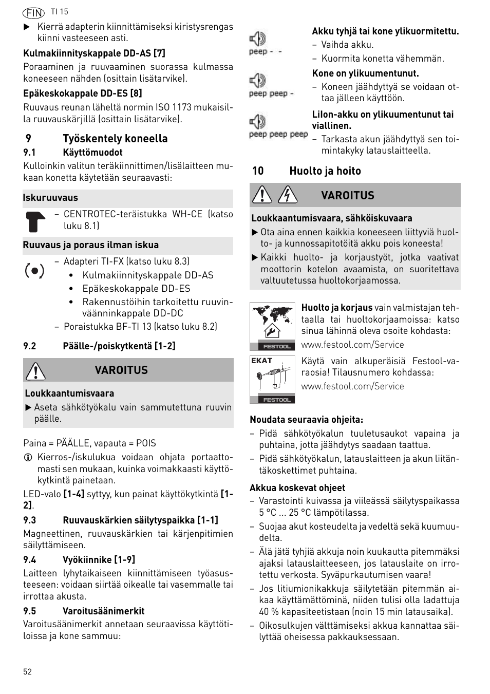 9työskentely koneella, 10 huolto ja hoito, Varoitus | Festool Ti 15 User Manual | Page 52 / 90