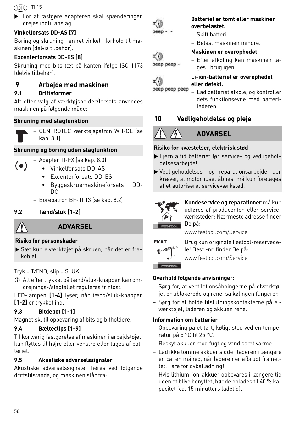 9arbejde med maskinen, 10 vedligeholdelse og pleje, Advarsel | Festool Ti 15 User Manual | Page 58 / 90