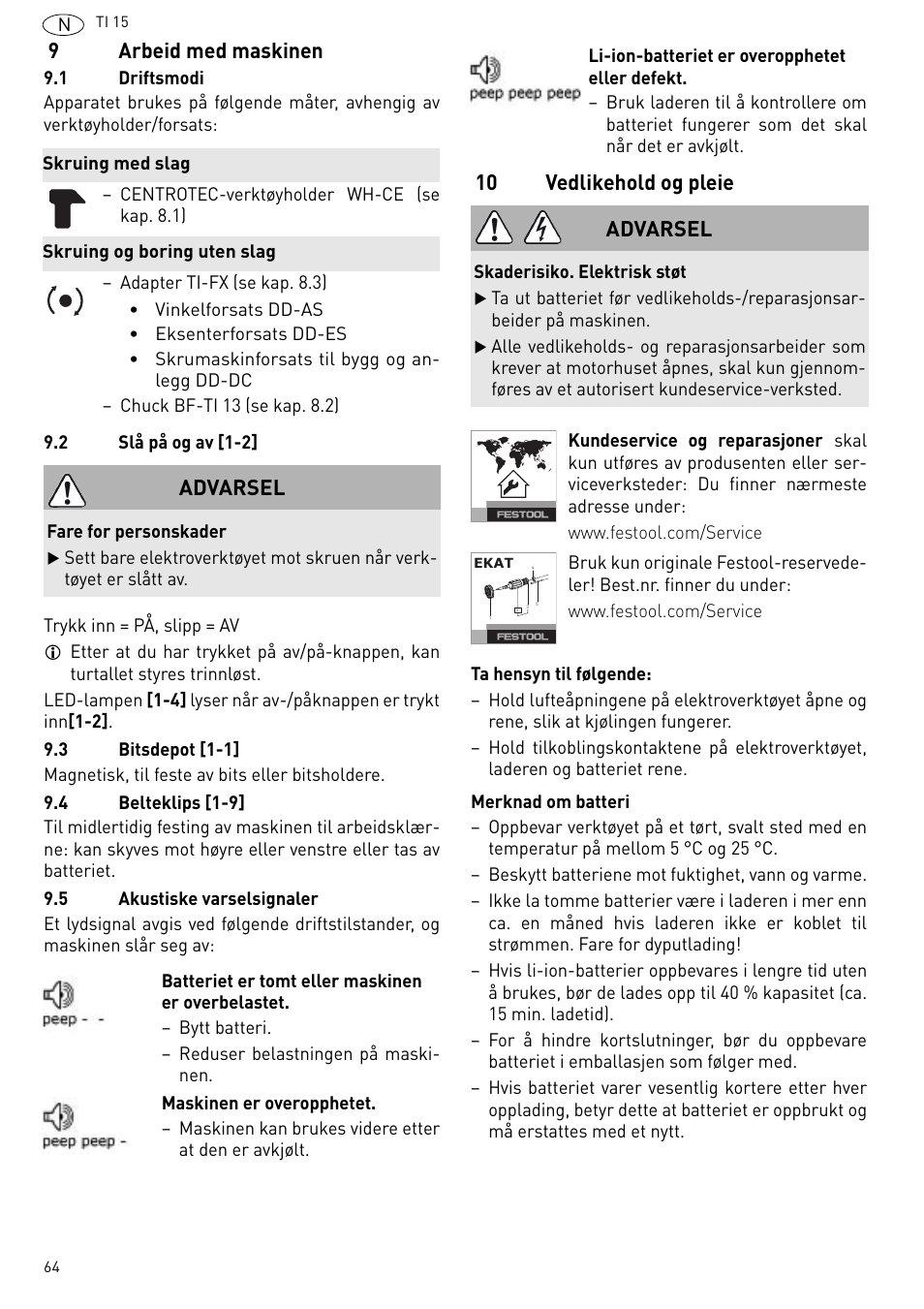 9arbeid med maskinen, 10 vedlikehold og pleie, Advarsel | Festool Ti 15 User Manual | Page 64 / 90