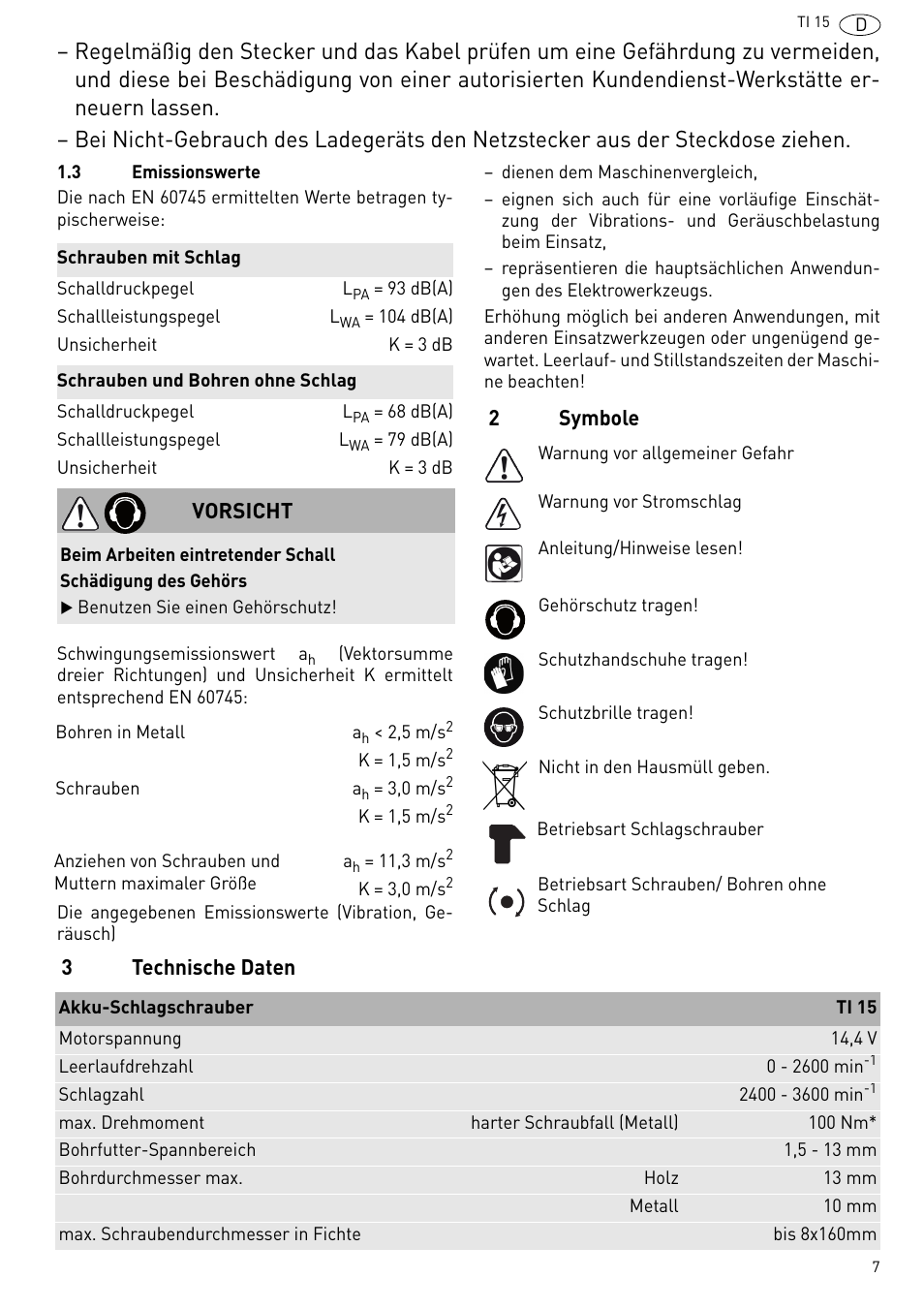 2symbole 3 technische daten, Vorsicht | Festool Ti 15 User Manual | Page 7 / 90