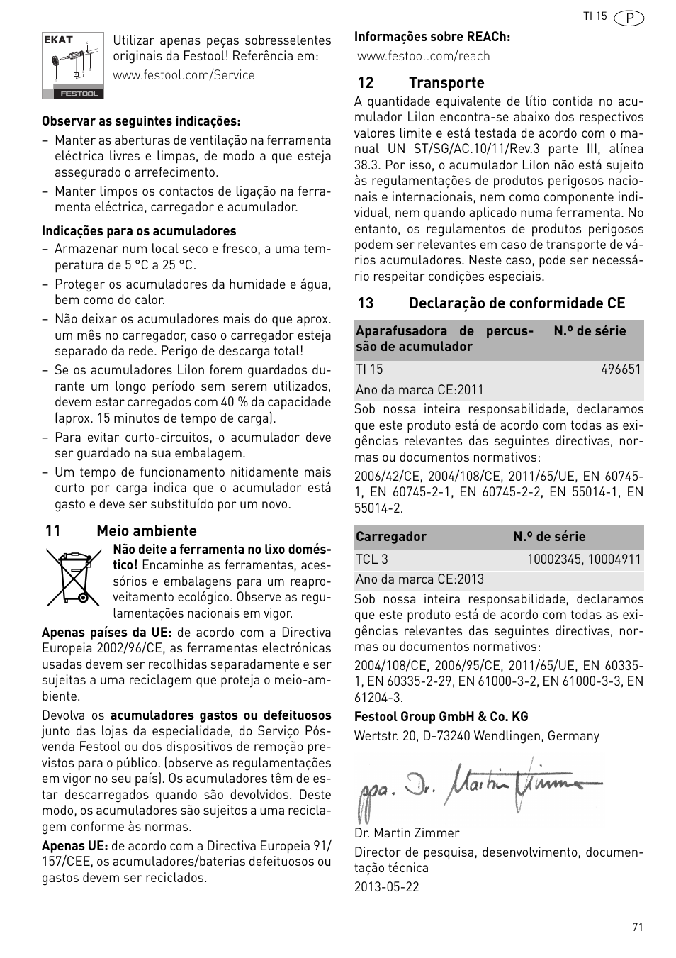 11 meio ambiente, 12 transporte, 13 declaração de conformidade ce | Festool Ti 15 User Manual | Page 71 / 90