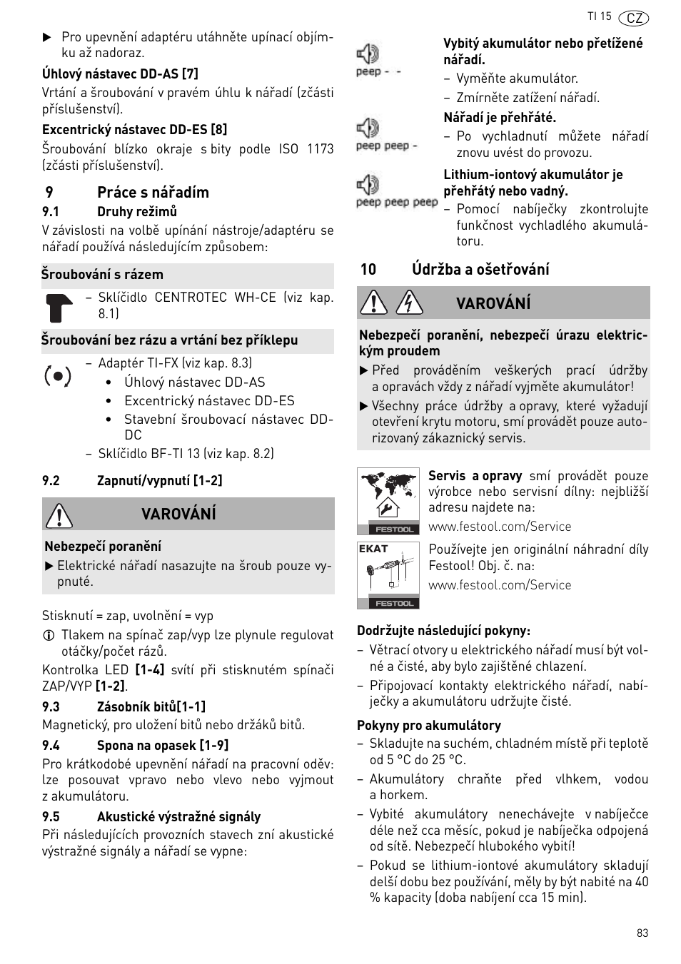 9práce s nářadím, 10 údržba a ošetřování, Varování | Festool Ti 15 User Manual | Page 83 / 90