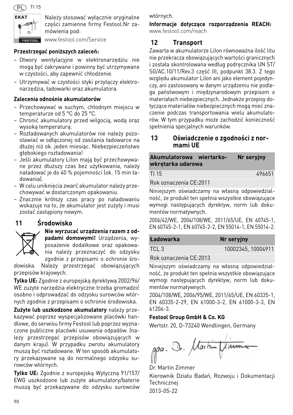 11 środowisko, 12 transport, 13 oświadczenie o zgodności z nor- mami ue | Festool Ti 15 User Manual | Page 90 / 90