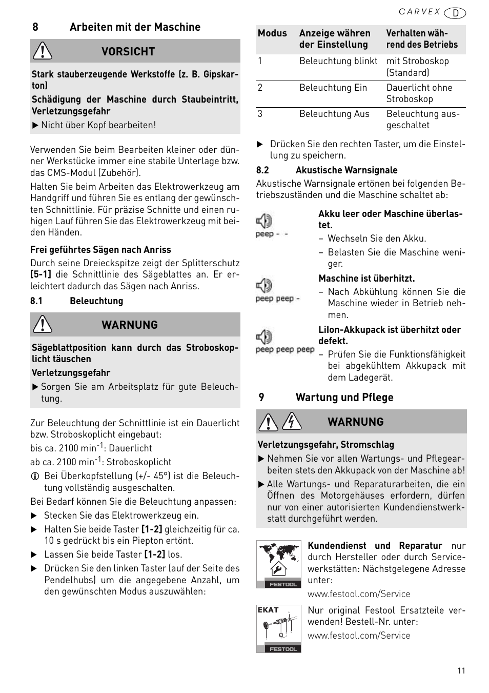 Arbeiten mit der maschine, Wartung und pflege, 8arbeiten mit der maschine | 9wartung und pflege, Vorsicht, Warnung | Festool PSBC 420 EB User Manual | Page 11 / 132