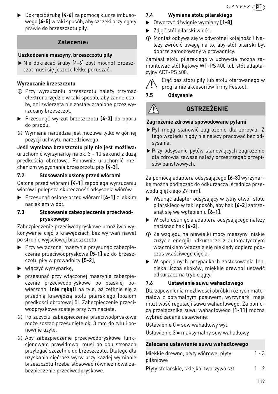 Zalecenie, Ostrzeżenie | Festool PSBC 420 EB User Manual | Page 119 / 132