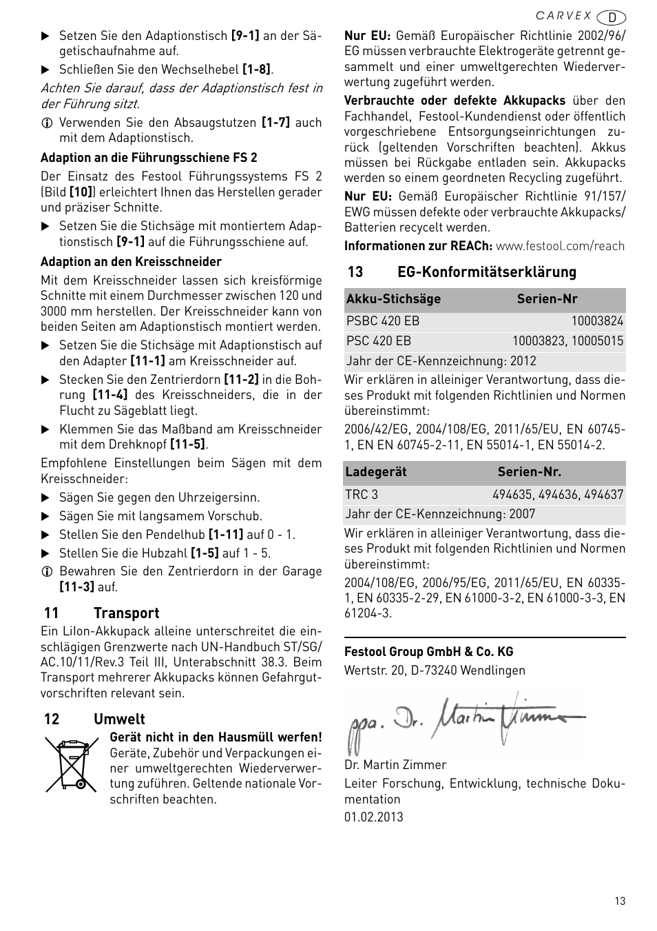 11 transport, 12 umwelt, 13 eg-konformitätserklärung | Festool PSBC 420 EB User Manual | Page 13 / 132