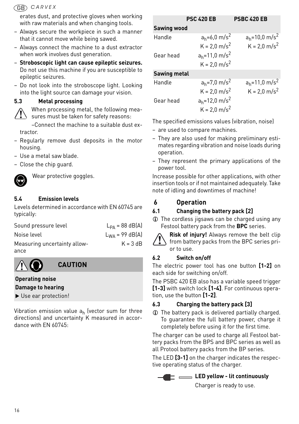 Operation, 6operation, Caution | Festool PSBC 420 EB User Manual | Page 16 / 132