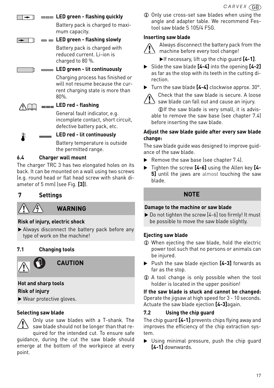 Settings, 7settings, Warning | Caution | Festool PSBC 420 EB User Manual | Page 17 / 132