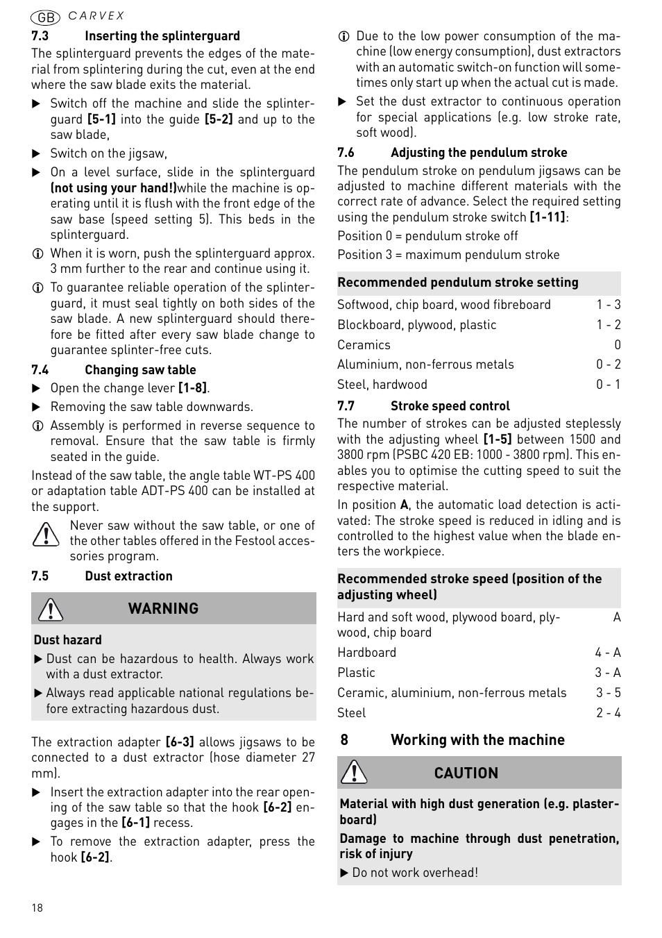 Working with the machine, 8working with the machine warning, Caution | Festool PSBC 420 EB User Manual | Page 18 / 132