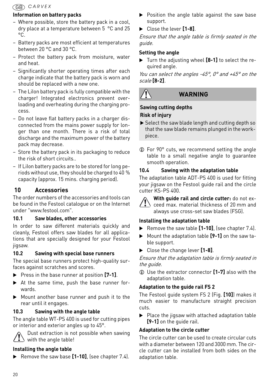 10 accessories, Warning | Festool PSBC 420 EB User Manual | Page 20 / 132