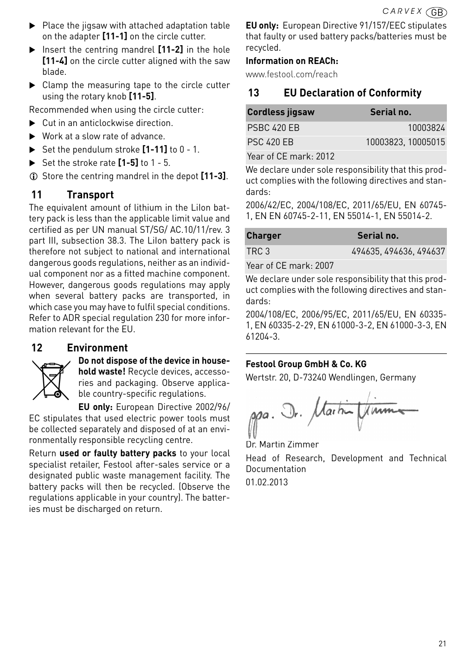 11 transport, 12 environment, 13 eu declaration of conformity | Festool PSBC 420 EB User Manual | Page 21 / 132