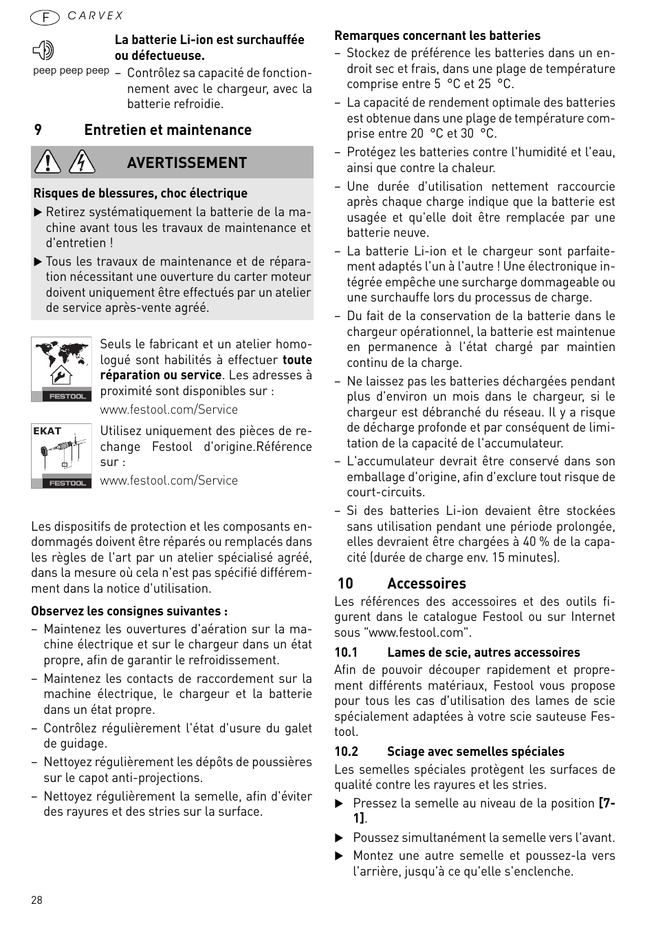 Entretien et maintenance, 10 accessoires, 9entretien et maintenance | Avertissement | Festool PSBC 420 EB User Manual | Page 28 / 132