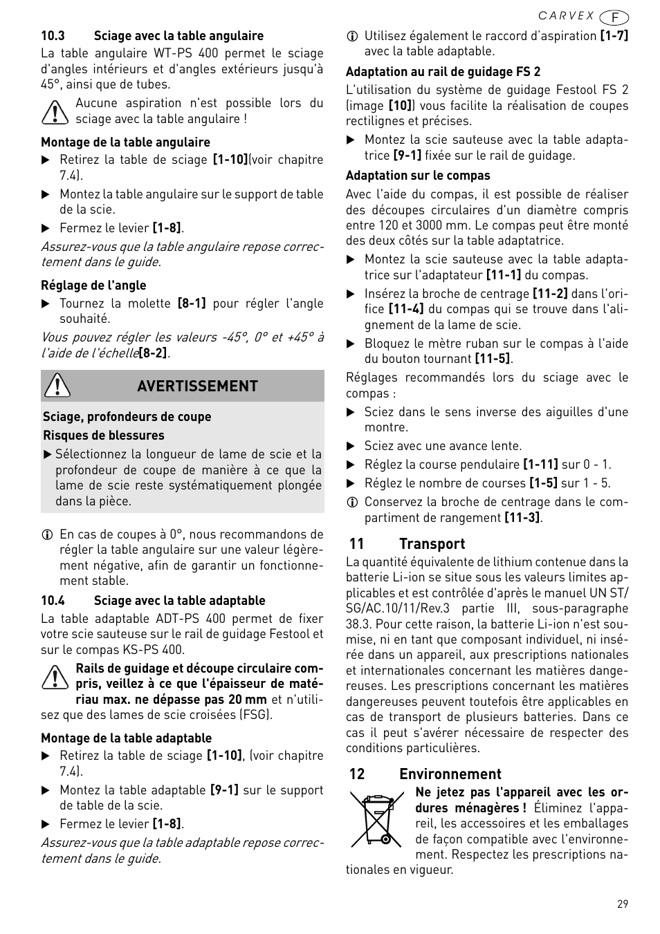 11 transport, 12 environnement, Avertissement | Festool PSBC 420 EB User Manual | Page 29 / 132